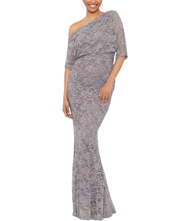 Betsy & Adam Womens Sequined One Shoulder Dress