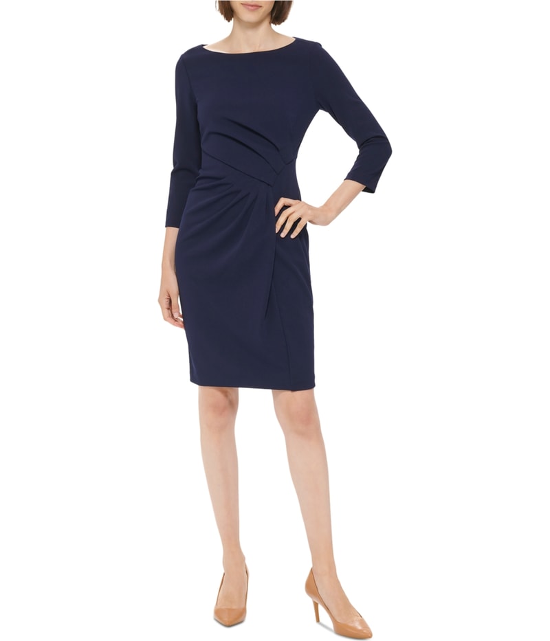 Calvin Klein Womens 3/4 Sleeve Ruched Waist Sheath Dress
