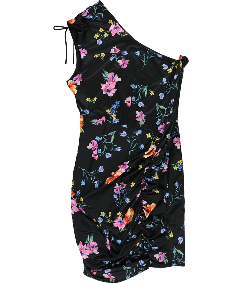 GUESS Womens Floral-Print One Shoulder Mini Dress