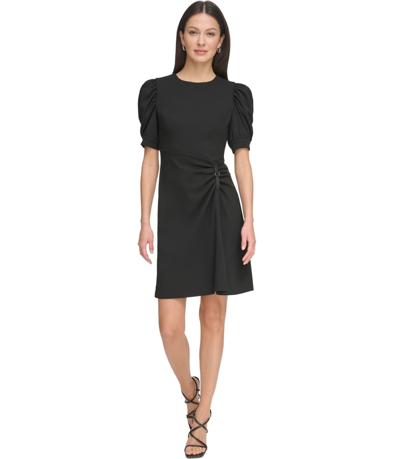DKNY Womens Puff Sleeve Ruched Mini Sheath Dress
