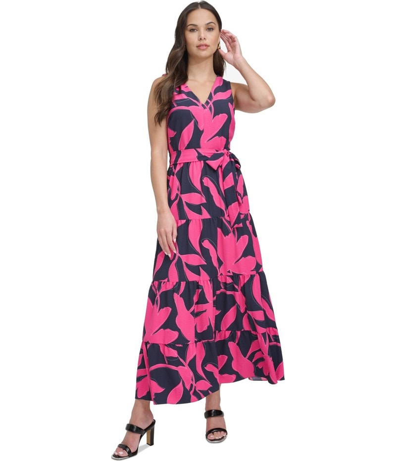 DKNY Womens Belted Tiered Midi Dress