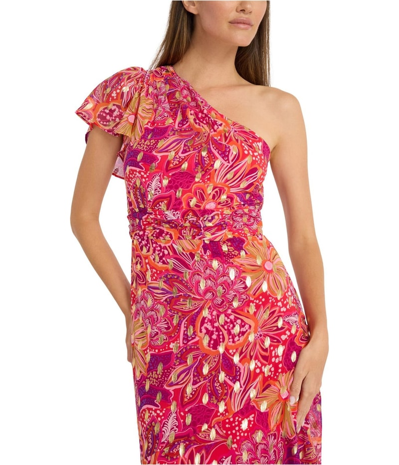 MAGGY LONDON Womens Floral Ruffled One Shoulder Midi Dress