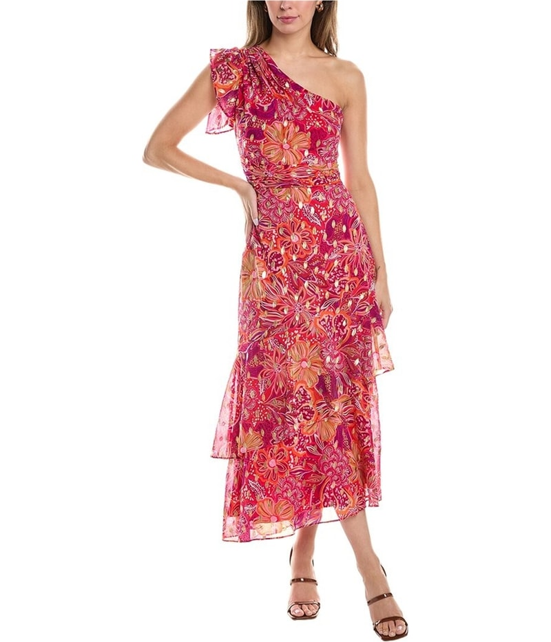 MAGGY LONDON Womens Floral Ruffled One Shoulder Midi Dress