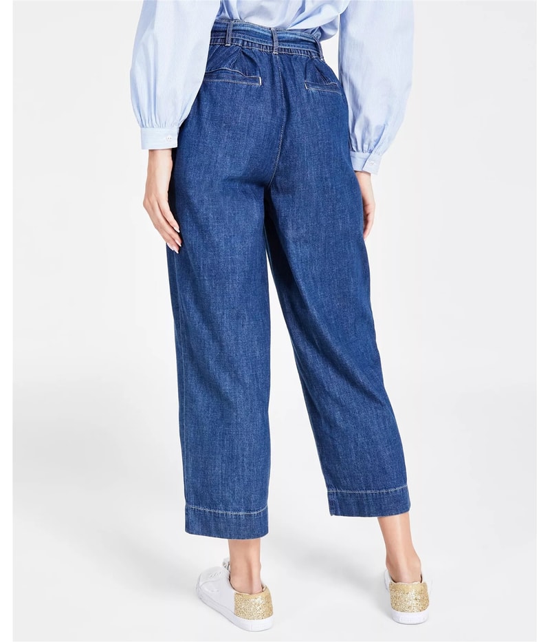 Tommy Hilfiger Womens Belted Waist Wide Leg Regular Jeans