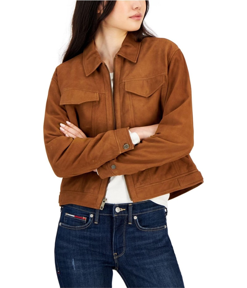 Tommy Hilfiger Womens Suede Zip Trucker Jacket