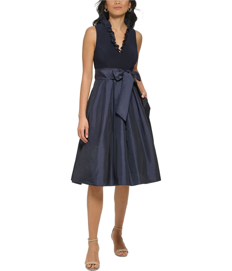 Jessica Howard Womens Belted Ruffle Neck Midi Dress