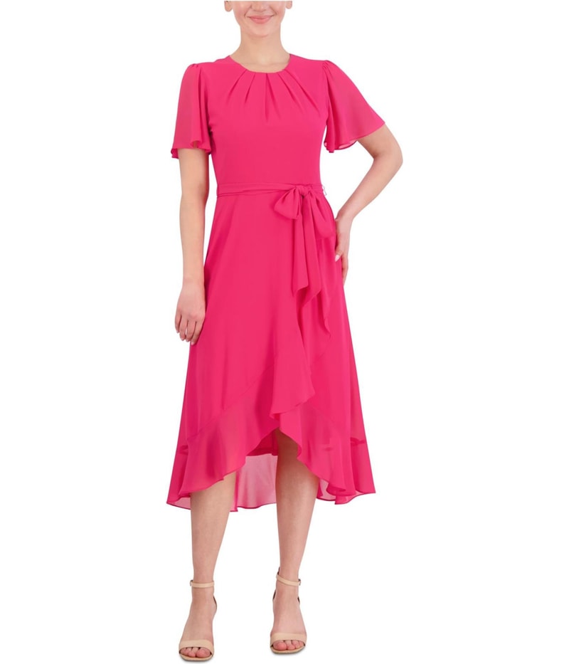 Jessica Howard Womens Belted Pleated Midi High-Low Dress