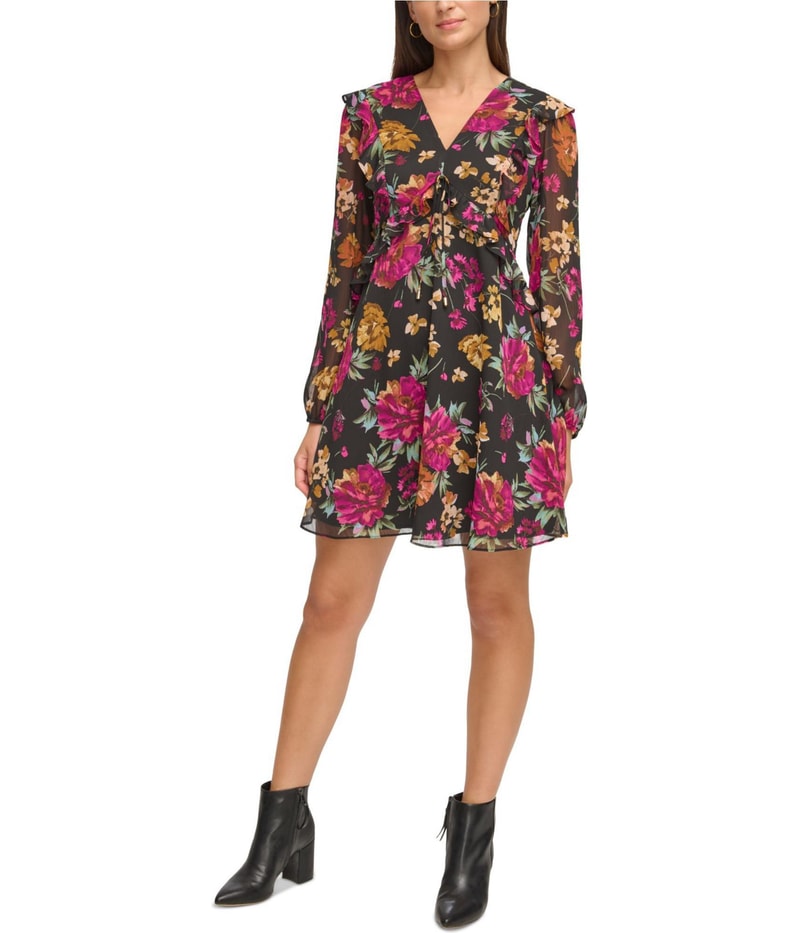 Kensie Womens V Neck Floral Mini Fit & Flare Dress