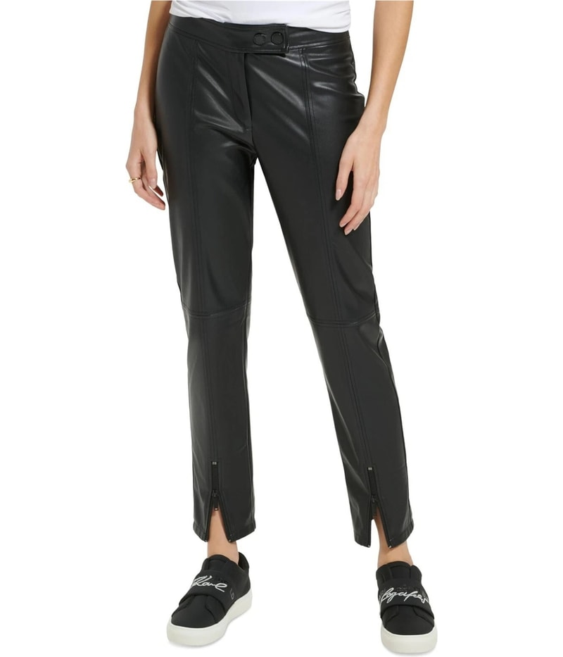 Karl Lagerfeld Womens Faux Leather Zipper Hem Straight Leg Casual Pants