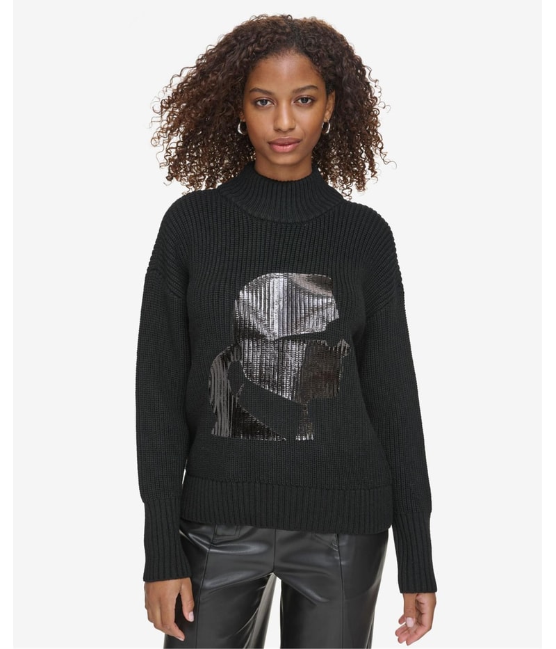 Karl Lagerfeld Womens Glossy Graphic Pullover Sweater