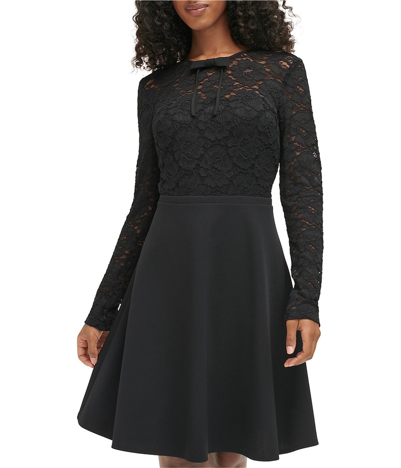Karl Lagerfeld Womens Lace Trim Bow Midi Dress