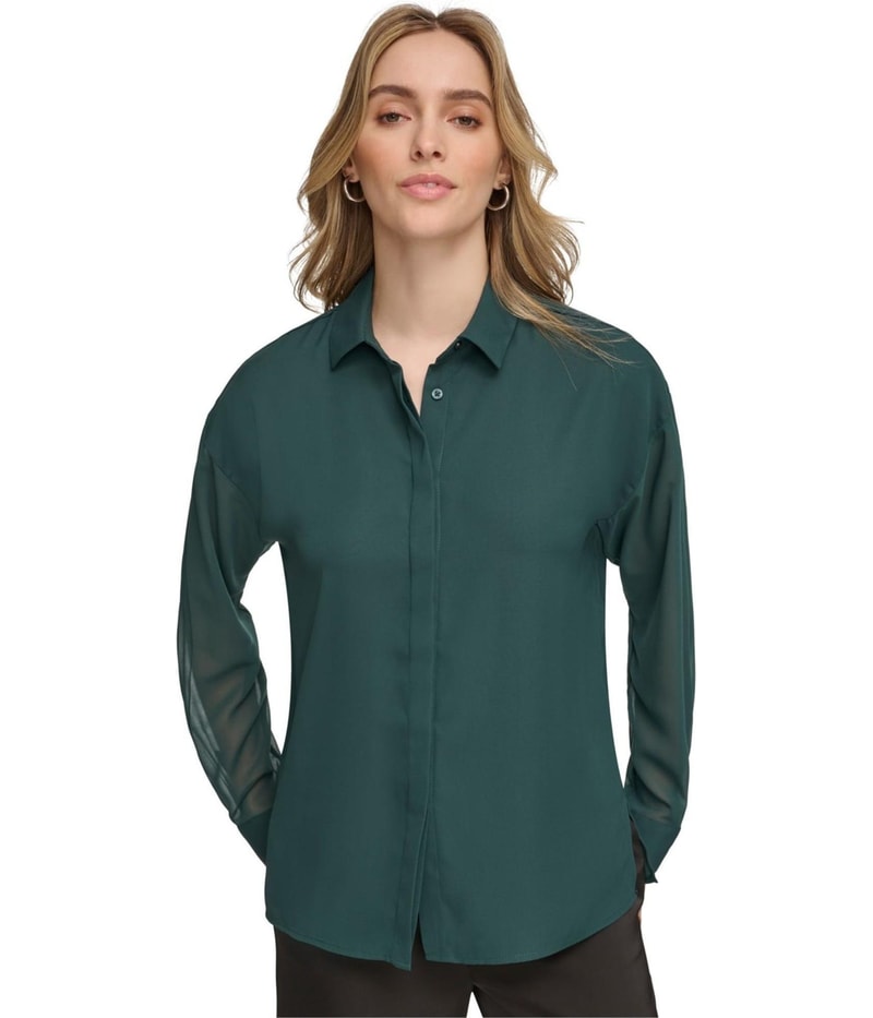 Calvin Klein Womens Chiffon Button Down Blouse