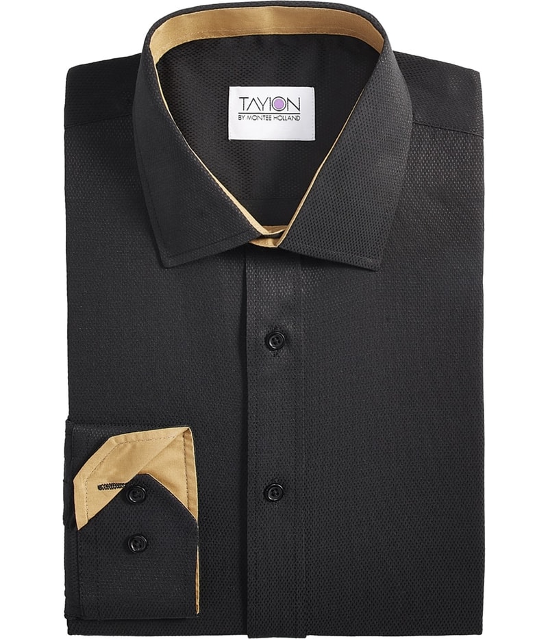 Tayion Collection Mens Slim-Fit Gold Trim Solid Button Down Dress Shirt