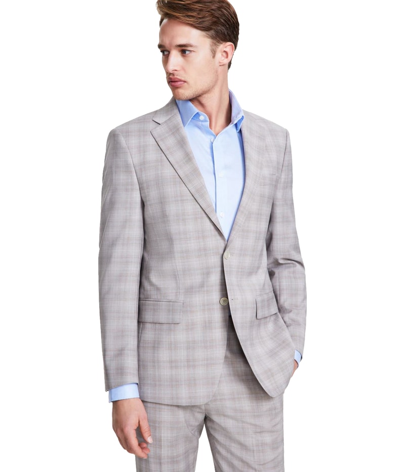 Calvin Klein Mens Wool Blend, Stretch, Plaid Two Button Blazer Jacket