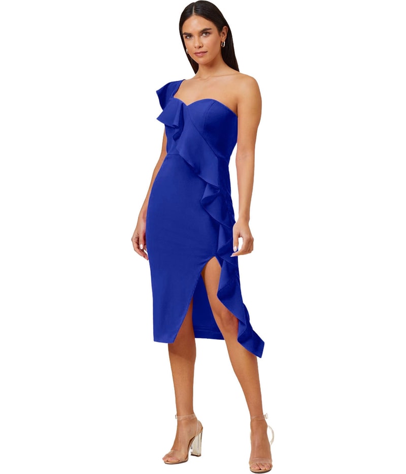 Adrianna Papell Womens Solid Slit Sheath Ruffled Midi Cocktail Dress