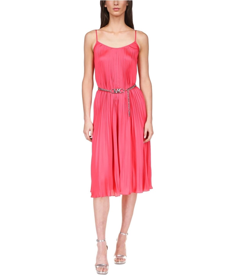 Michael Kors Womens Pleated Chain-Belt Midi Dress