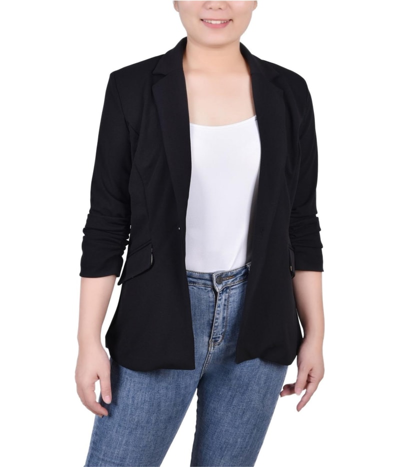 NY Collection Womens Crepe, Ruched Blazer Jacket