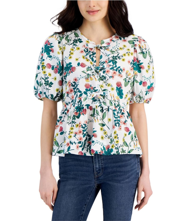 Nautica Womens Floral-Print Top Peplum Blouse