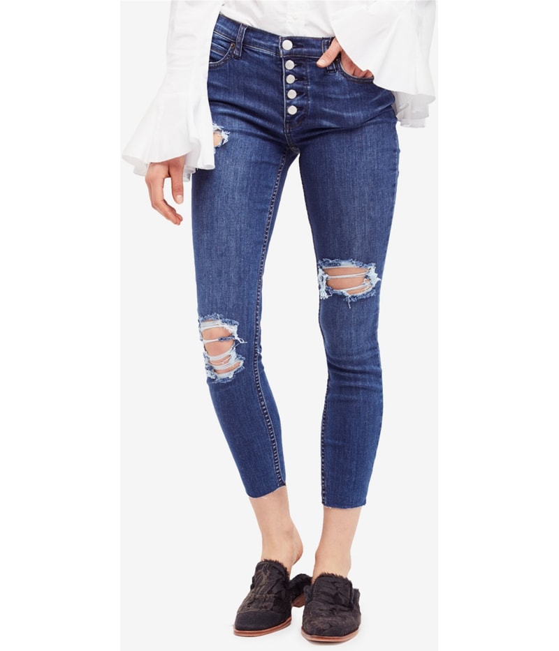 Free People Womens Raw-Edge Tapered Skinny Jeans