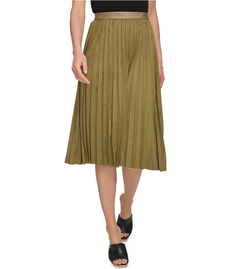 DKNY Womens Pleated Faux Suede Midi Skirt