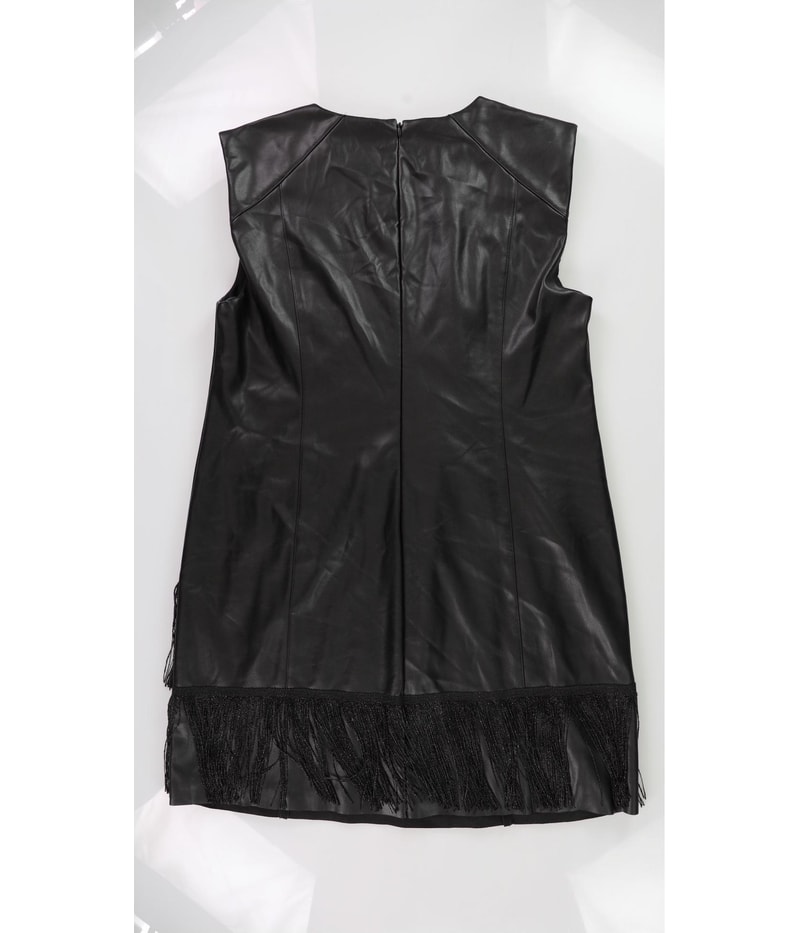 DKNY Womens Faux Leather Fringe Trim Mini Dress