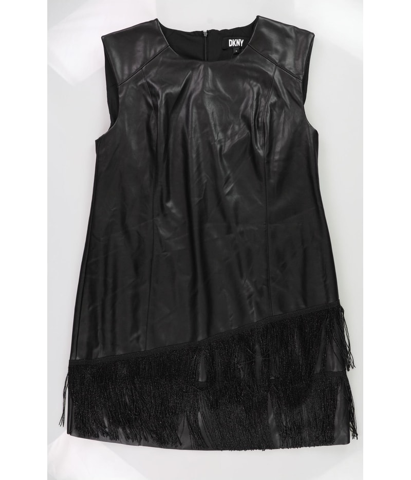 DKNY Womens Faux Leather Fringe Trim Mini Dress