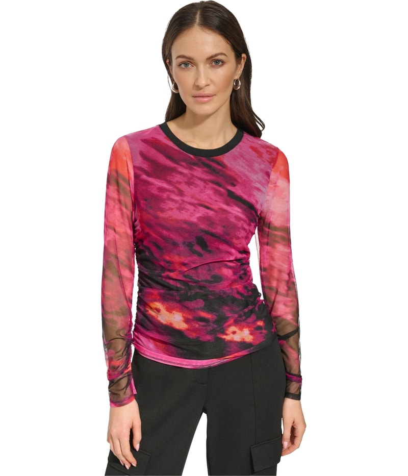 DKNY Womens Mesh Multi Colored Top Embellished T-Shirt