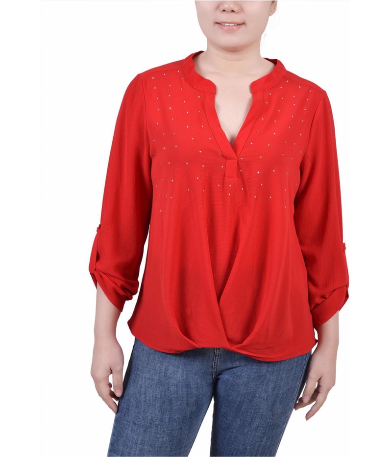 NY Collection Womens Beaded Chest Ruffled Blouse