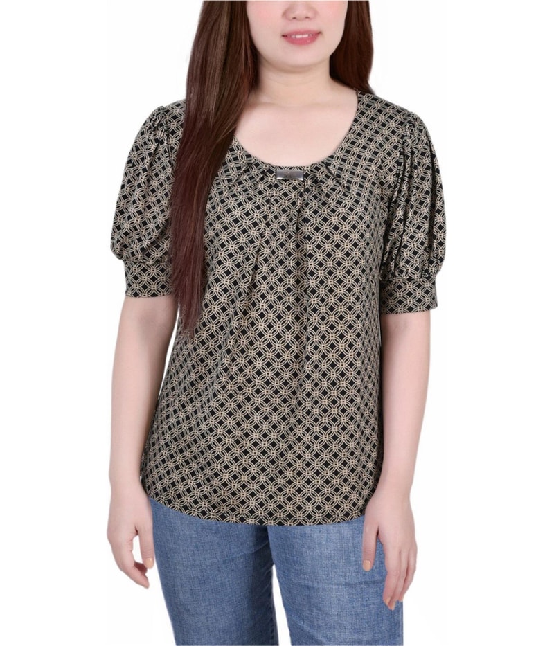 NY Collection Womens Printed Balloon Puff Sleeve Dolman Blouse