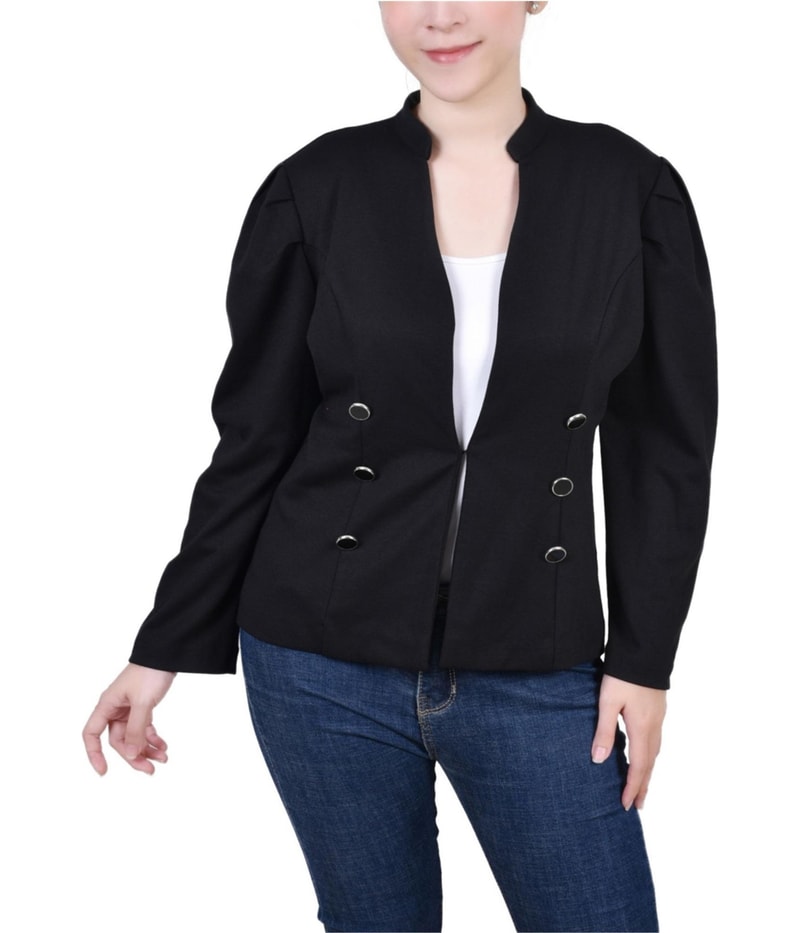 NY Collection Womens Button Front Knit Double Breasted Blazer Jacket