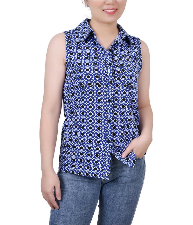 NY Collection Womens Geometric Sleeveless Blouse Top