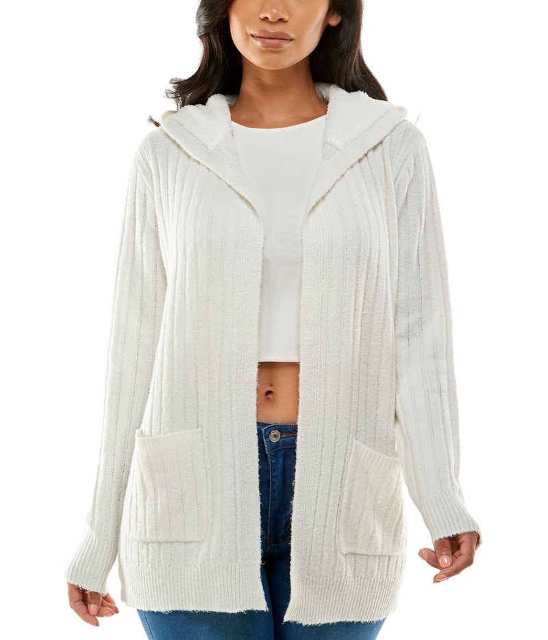 Crave Fame Womens Cozy Knit Sherpa Trim Cardigan Sweater