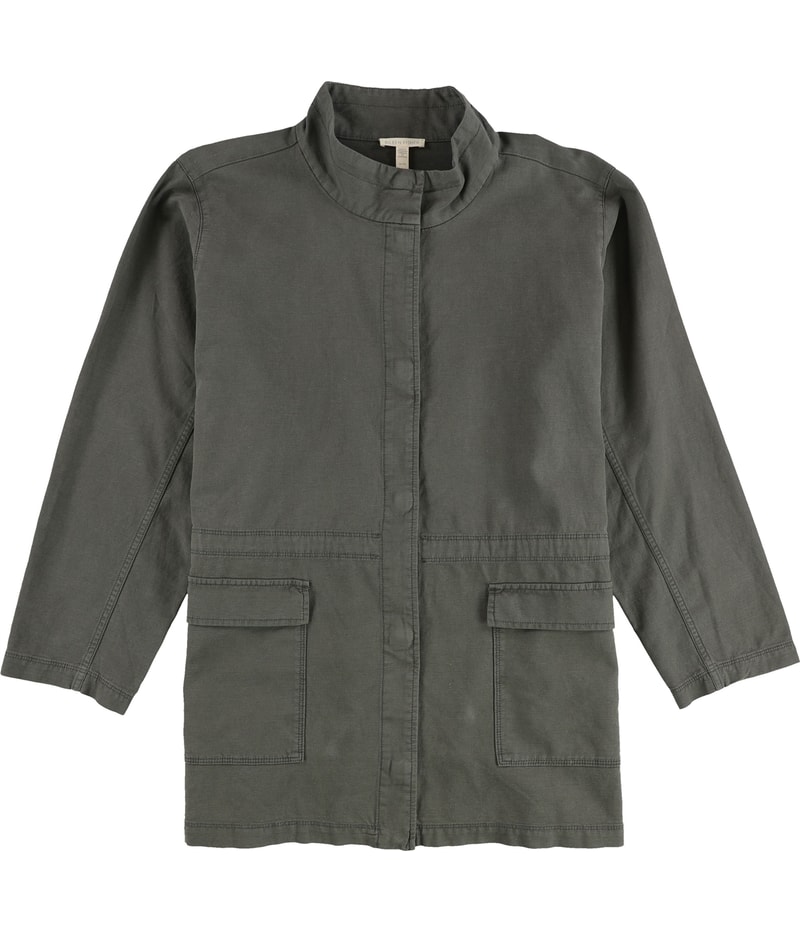 Eileen Fisher Womens Stand Collar Long Military Jacket
