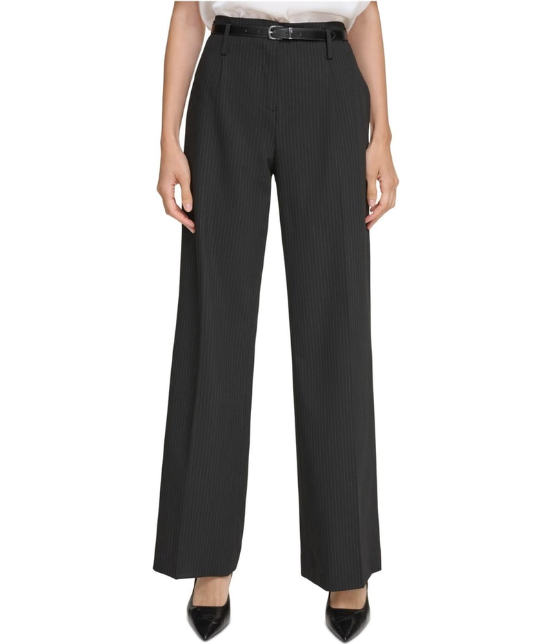 Calvin Klein Womens Pinstripe Belted Wide Straight Leg Casual Pants