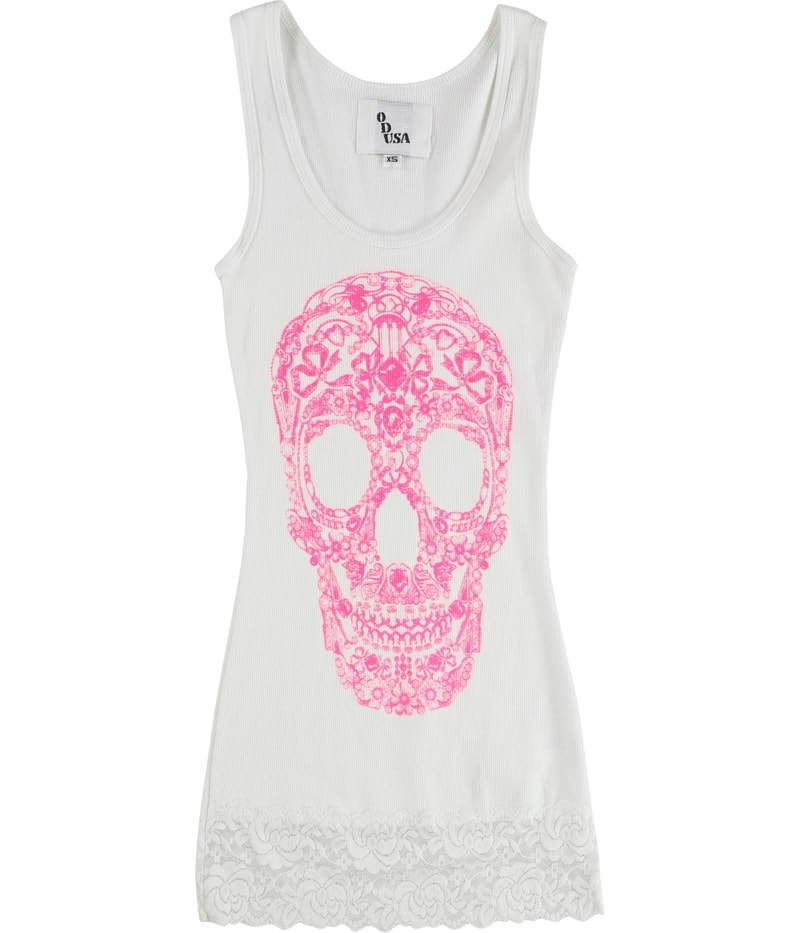 OVER DYE USA Womens Skull Graphic Lace Trim Tank Top