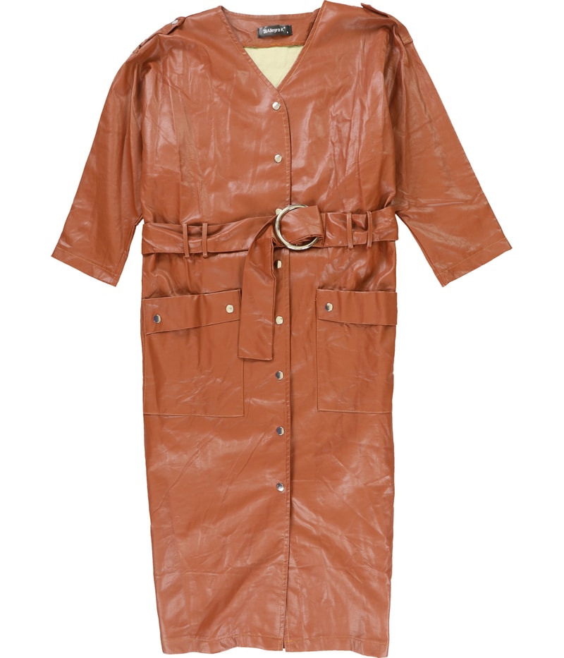 Allegra K Womens Belted Faux Leather Midi Dress