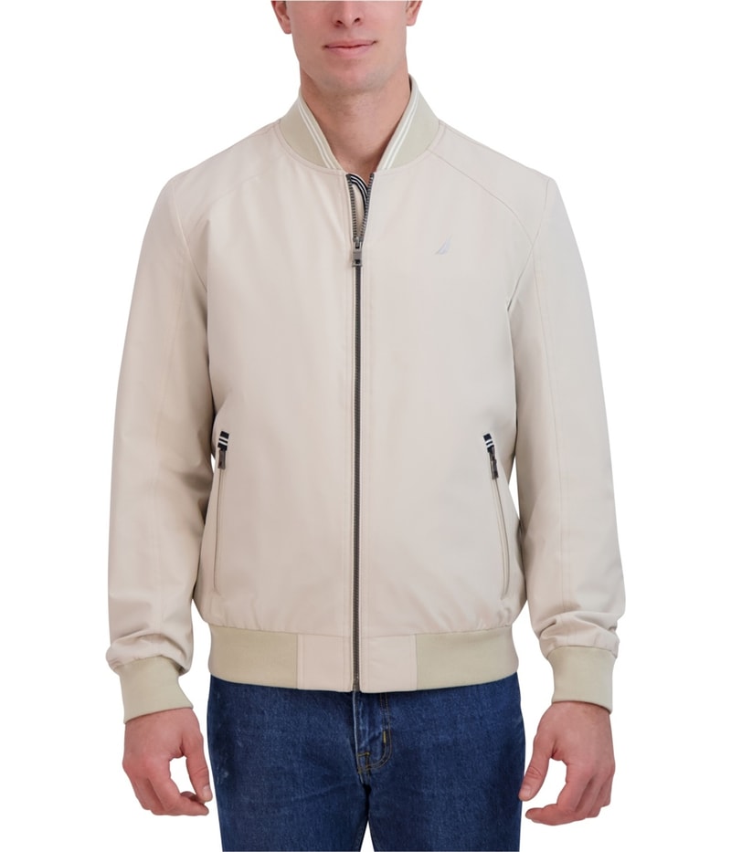 Nautica Mens Striped-Detail Collar Bomber Jacket