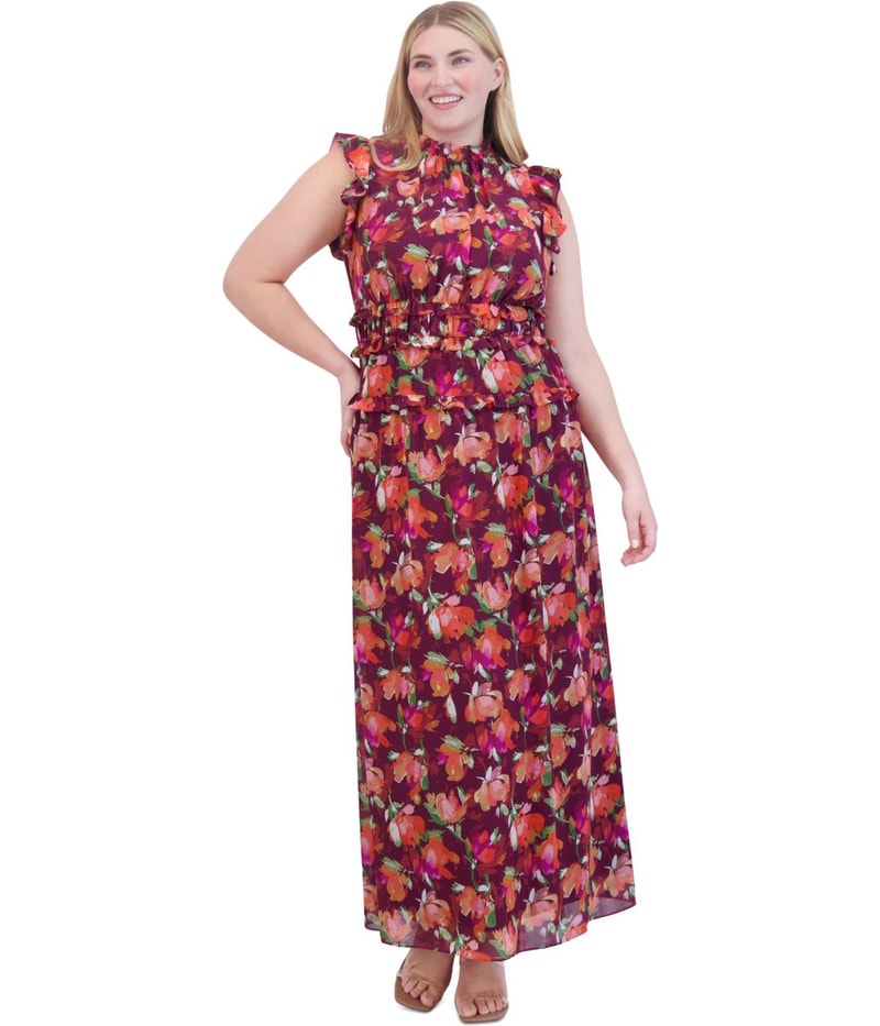 Vince Camuto Womens Printed Chiffon Ruffled Maxi Dress