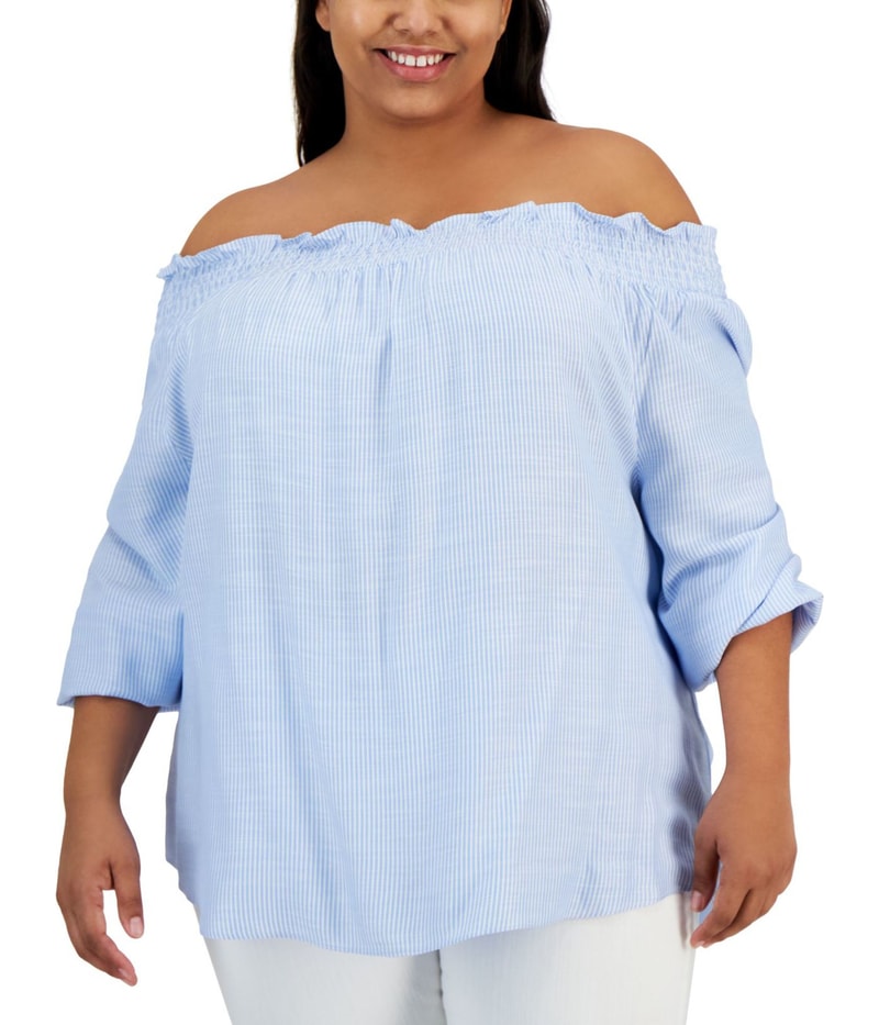 Tommy Hilfiger Womens Striped Off the Shoulder Blouse