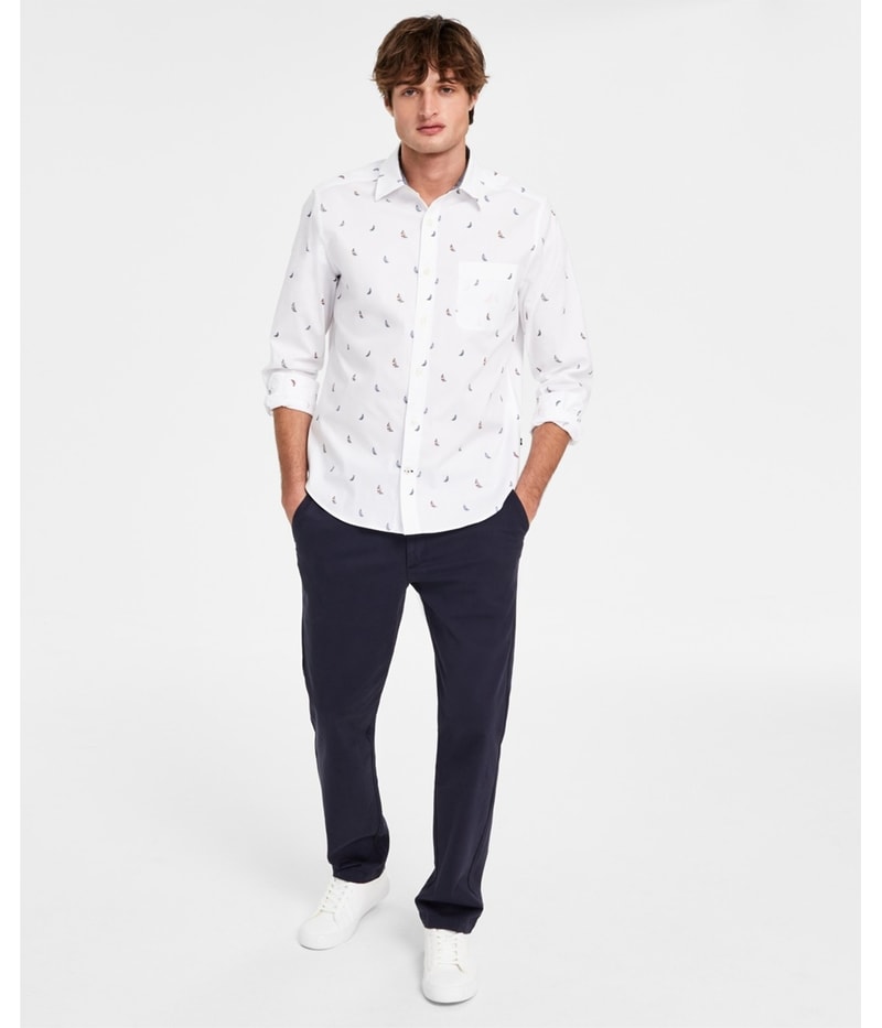 Nautica Mens Printed Long Sleeve Stretch Button Up Shirt