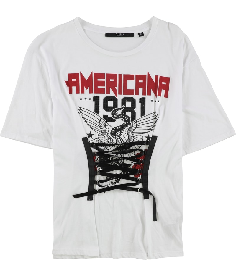 GUESS Womens Corset Laced Embellished T-Shirt