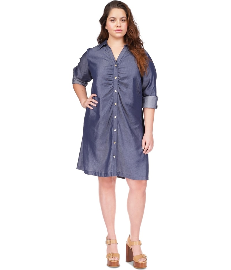 Michael Kors Womens Ruched Front Chambray Shirt Dress