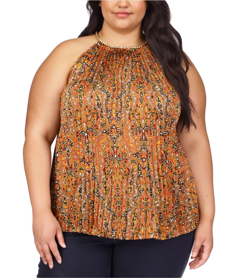 Michael Kors Womens Pleated Paisley Chain Neck Halter Top Shirt