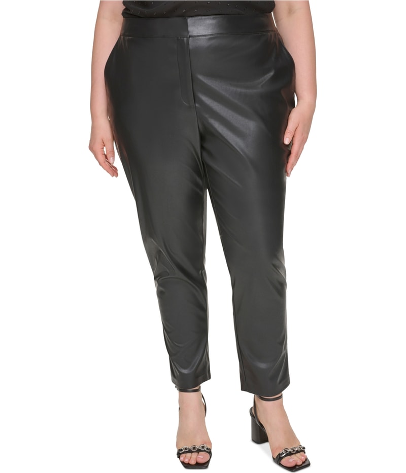 Calvin Klein Womens Faux-Leather Straight Leg Casual Pants