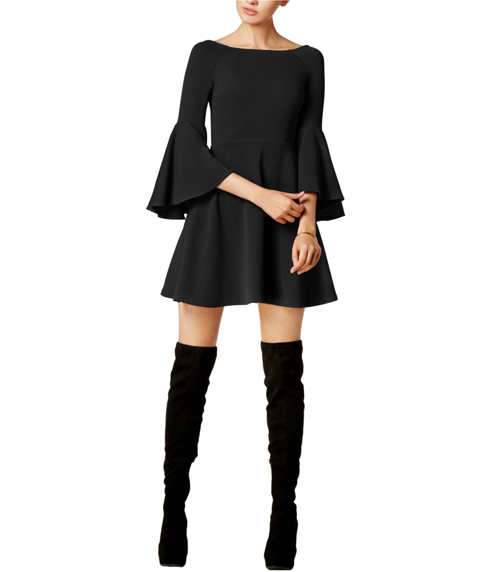 bar III Womens Bell-Sleeve Fit & Flare Dress, deepblack, M