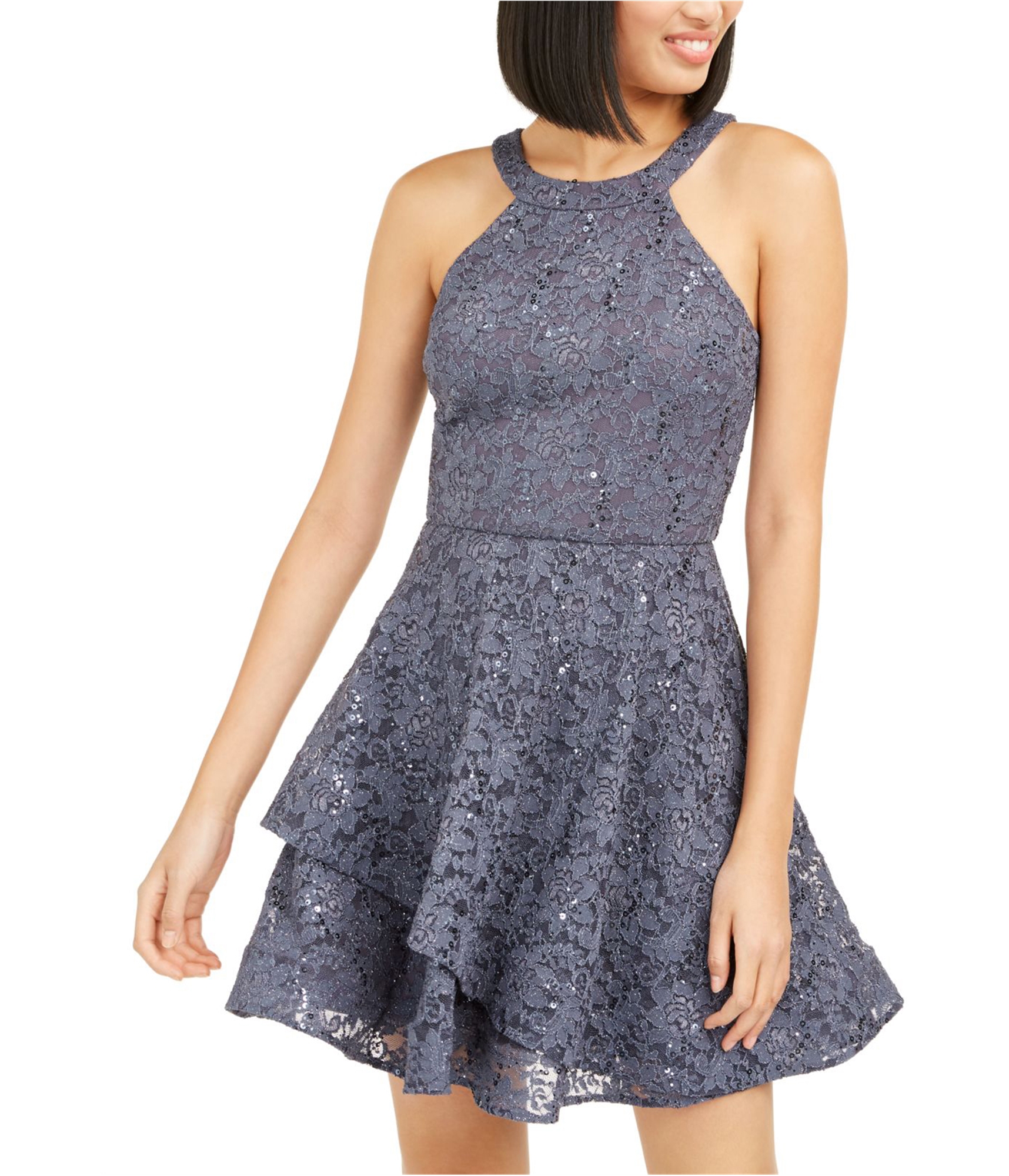 bcx lace dress BCX Juniors' Tiered Fit & Flare Flocked Mesh Dress