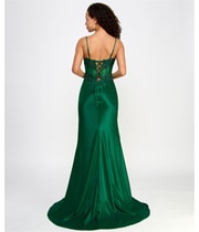 Say Yes to the Prom Womens Beaded Satin Slit Gown Corset Dress in Dark Green, image 2 of 2