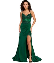 Say Yes to the Prom Womens Beaded Satin Slit Gown Corset Dress in Dark Green