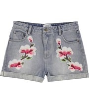 MinkPink Womens Floral Patched Casual Denim Shorts in Blue