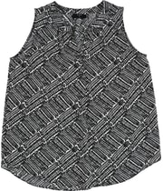 Tahari Womens Geometric Leaf Sleeveless Blouse Top in White and Black